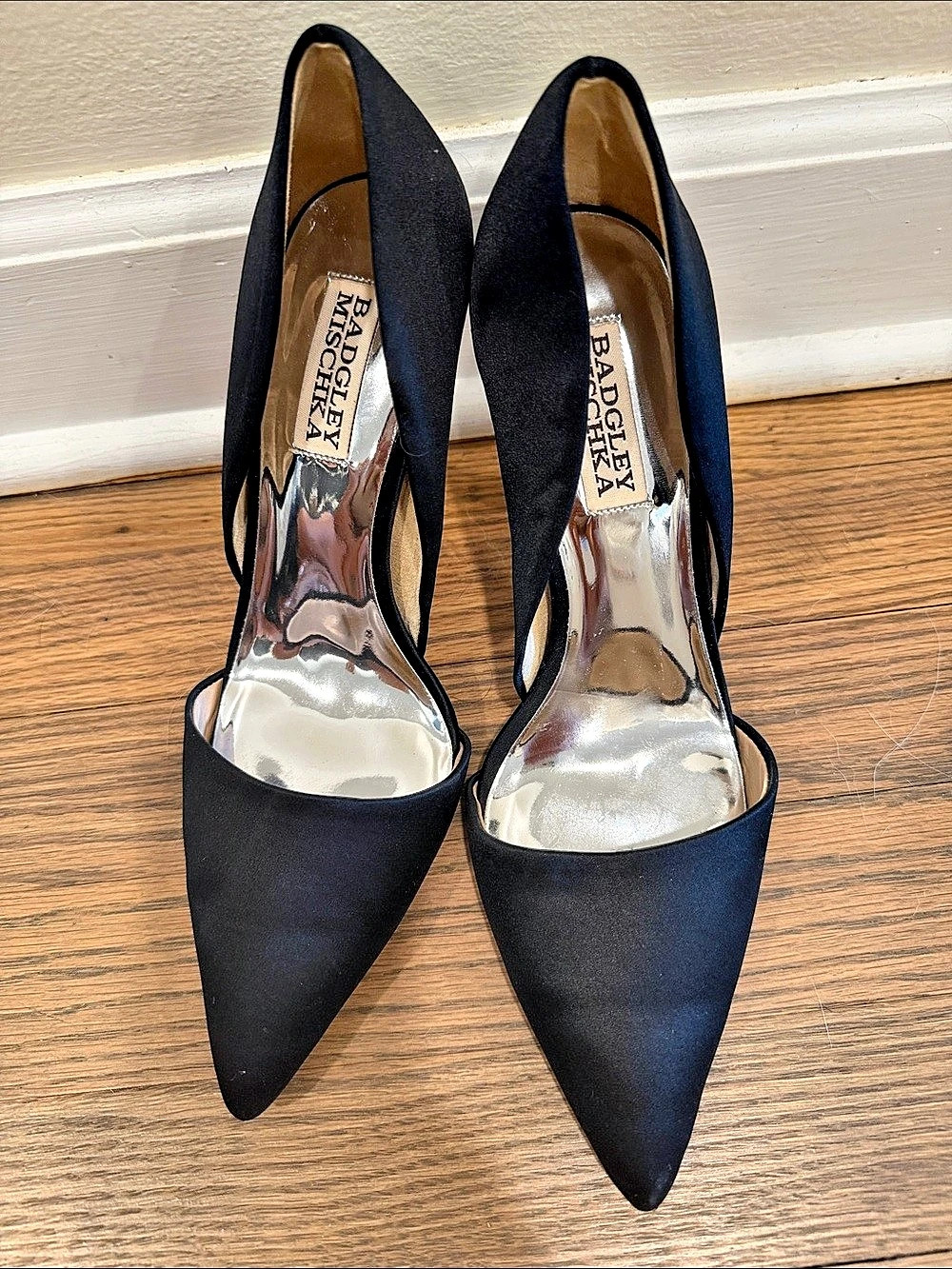 Badgley Mischka Black Satin Emily Pumps Crystal Geometric Heel d'Orsay Sz 7
